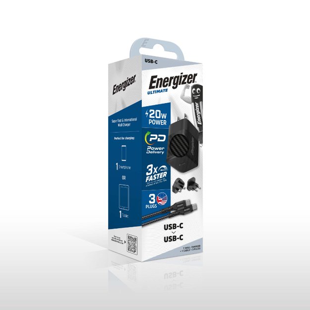 Energizer Ultimate – kelių kištukų ES / JK / JAV GaN 20 W PD maitinimo įkroviklis + USB-C laidas (juodas) 6