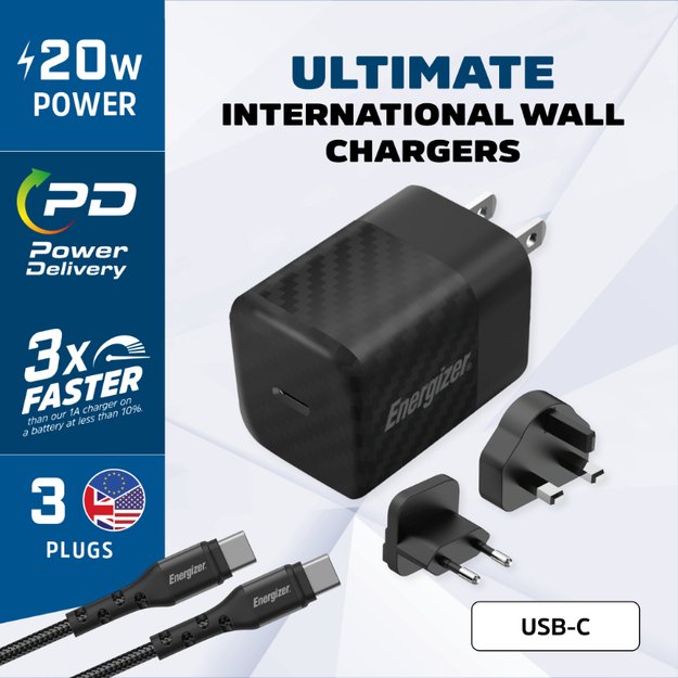 Energizer Ultimate – kelių kištukų ES / JK / JAV GaN 20 W PD maitinimo įkroviklis + USB-C laidas (juodas) 3