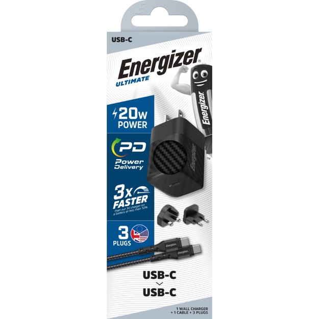 Energizer Ultimate – kelių kištukų ES / JK / JAV GaN 20 W PD maitinimo įkroviklis + USB-C laidas (juodas) 4