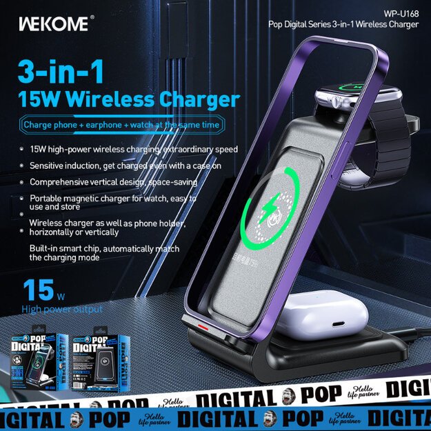 WEKOME WP-U168 Pop Digital Series – „Trys viename“ belaidis įkroviklis, skirtas „iPhone“, „AirPods“ ir „Apple Watch“ (juodas)