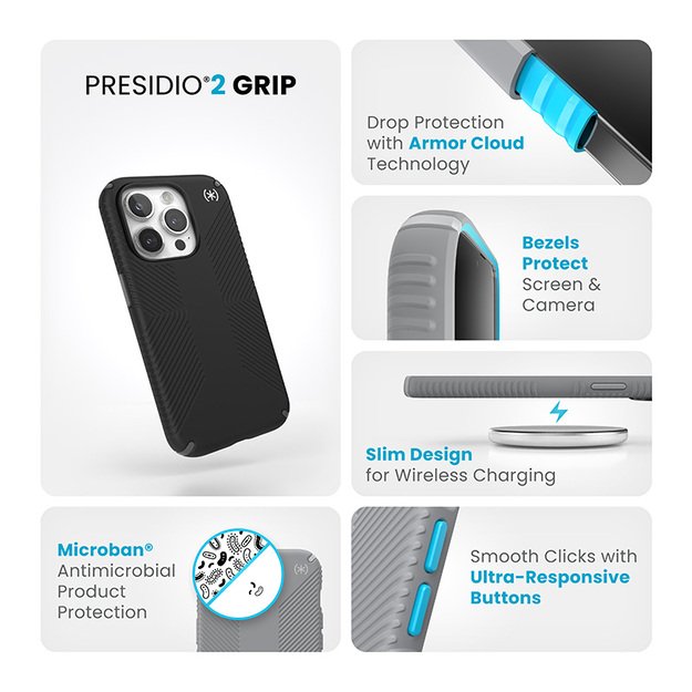 Speck Presidio2 Grip – dėklas, skirtas iPhone 15 Pro (juodas / šiferio pilkas / baltas) 10