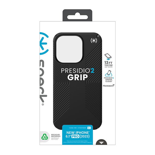 Speck Presidio2 Grip – dėklas, skirtas iPhone 15 Pro (juodas / šiferio pilkas / baltas) 12