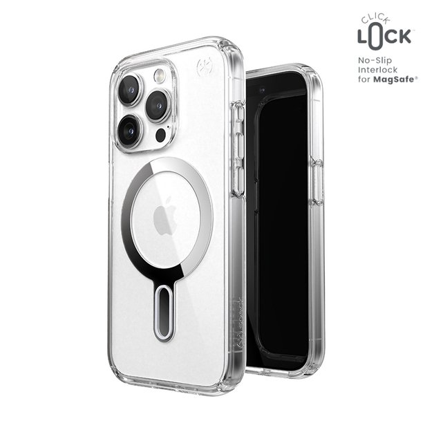 Speck Presidio Perfect-Clear ClickLock & Magsafe – dėklas, skirtas iPhone 15 Pro (skaidrus / chromo apdaila / ramus sidabras)