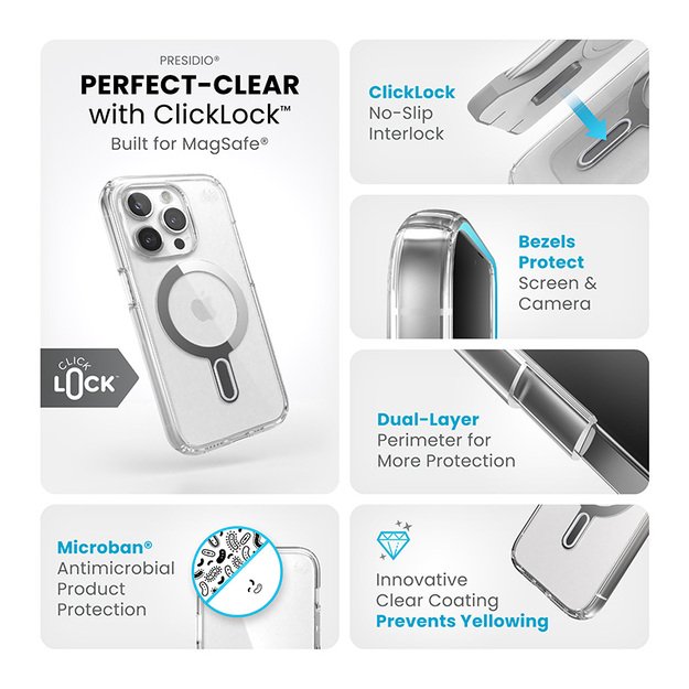 Speck Presidio Perfect-Clear ClickLock & Magsafe – dėklas, skirtas iPhone 15 Pro (skaidrus / chromo apdaila / ramus sidabras)