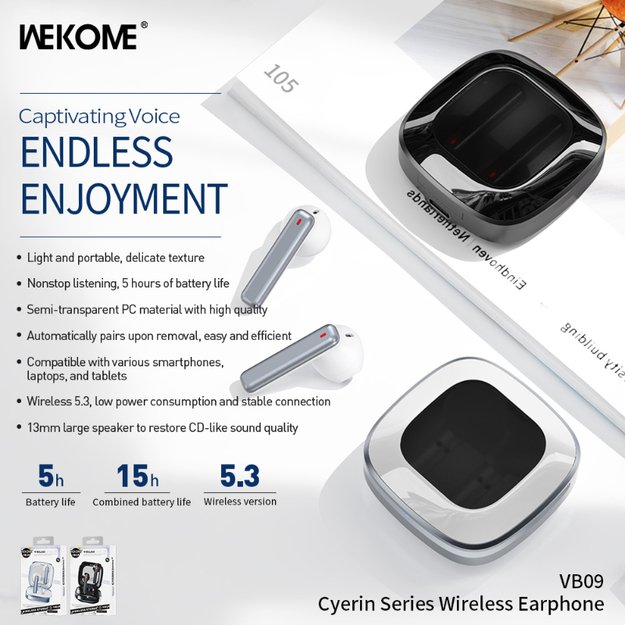 WEKOME VB09 Cyerin serija – Bluetooth V5.3 TWS belaidės ausinės su įkrovimo dėklu (juoda) 3
