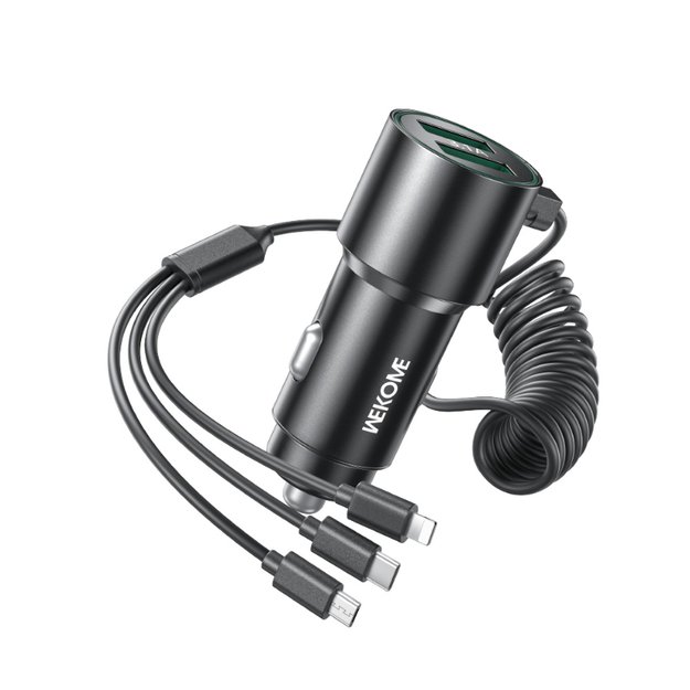 WEKOME WP-C44 Pop Digital Series – automobilinis įkroviklis su integruotu 3 viename USB-C / Lightning / Micro USB + 2x USB-A 33 W laidu (juodas)