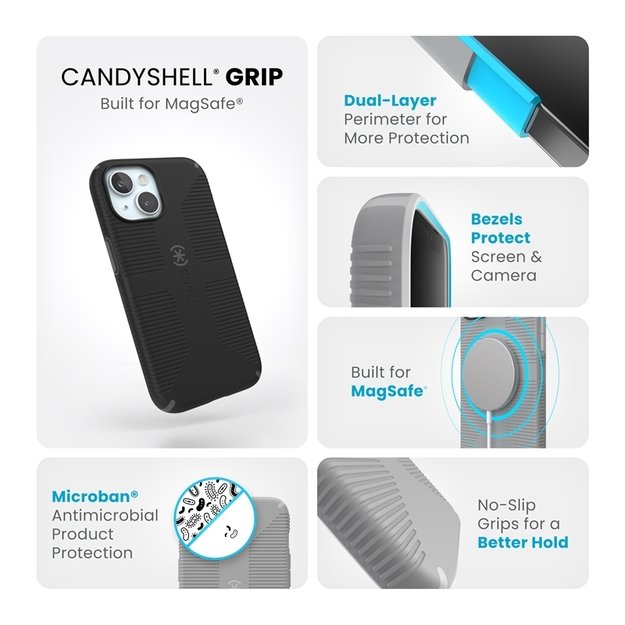 Speck Candyshell Grip MagSafe - iPhone 17e / 16e / 15 / 14 / 13 Case (Black / Slate Gray) 5