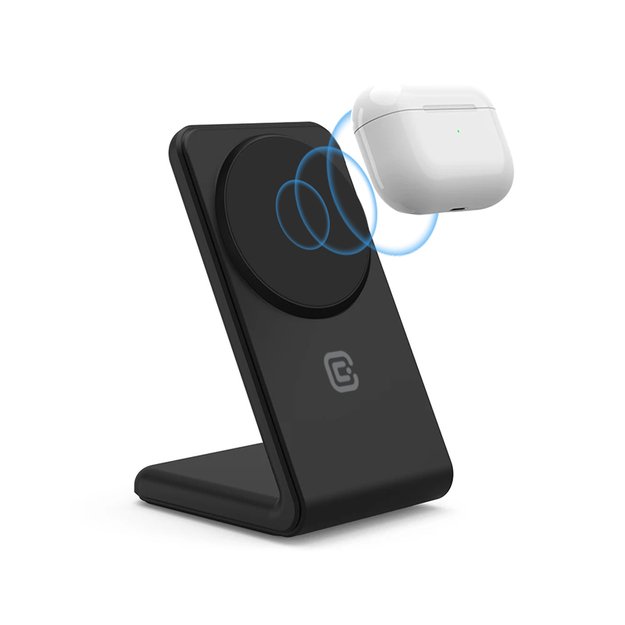 „Crong MagSpot Stand“ – belaidis įkroviklis „du viename“ su „MagSafe“, skirtas „iPhone“ ir „AirPods“ (Shadow Black) 14