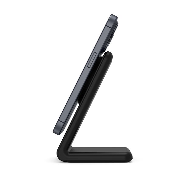 „Crong MagSpot Stand“ – belaidis įkroviklis „du viename“ su „MagSafe“, skirtas „iPhone“ ir „AirPods“ (Shadow Black) 17