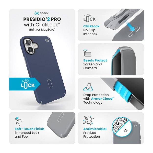 Speck Presidio2 Pro ClickLock & MagSafe – dėklas, skirtas iPhone 16 Plus (pakrantės mėlyna / dulkių pilka / balta)