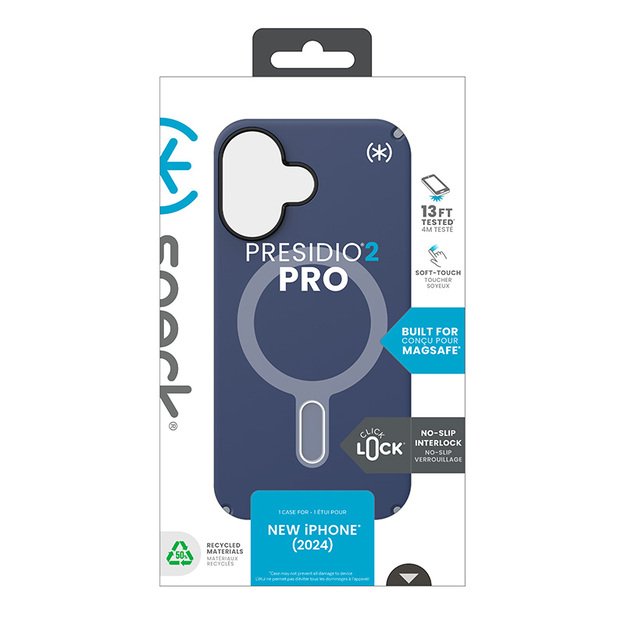 Speck Presidio2 Pro ClickLock & MagSafe – dėklas, skirtas iPhone 16 (pakrantės mėlyna / dulkių pilka / balta)