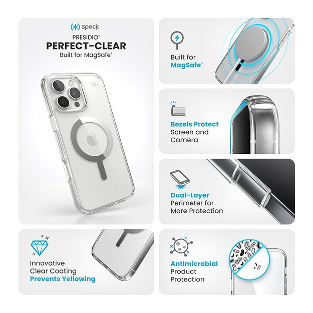 Speck Presidio Perfect-Clear MagSafe – dėklas, skirtas iPhone 16 Pro Max (skaidrus / chromo apdaila / ramus sidabras)