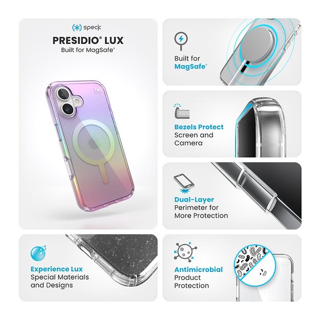 Speck Presidio2 Lux MagSafe – dėklas, skirtas iPhone 16 (nuostabiai violetinė / skaidrus)