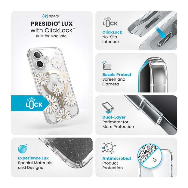 Speck Presidio Lux ClickLock & MagSafe – dėklas, skirtas iPhone 16 (Sunshine Daisies / skaidrus / auksinis)