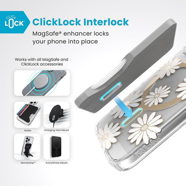 Speck Presidio Lux ClickLock & MagSafe – dėklas, skirtas iPhone 16 (Sunshine Daisies / skaidrus / auksinis)