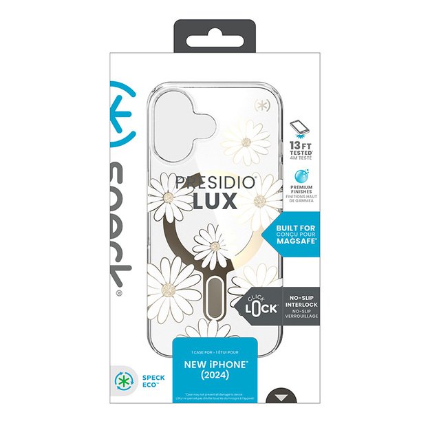 Speck Presidio Lux ClickLock & MagSafe – dėklas, skirtas iPhone 16 (Sunshine Daisies / skaidrus / auksinis)