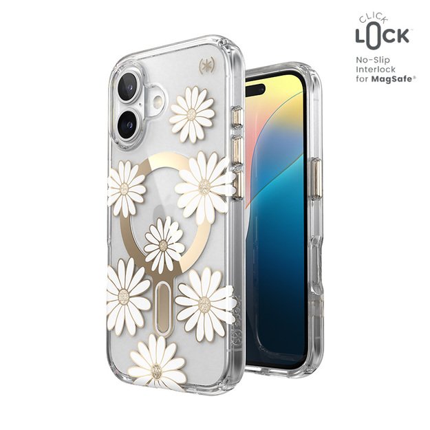 Speck Presidio Lux ClickLock & MagSafe – dėklas, skirtas iPhone 16 (Sunshine Daisies / skaidrus / auksinis)