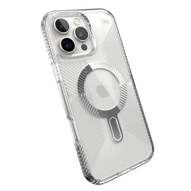 Speck Presidio Perfect-Clear Grip ClickLock & MagSafe – dėklas, skirtas iPhone 16 Pro Max (skaidrus / chromo apdaila / ramus sidabras) 22