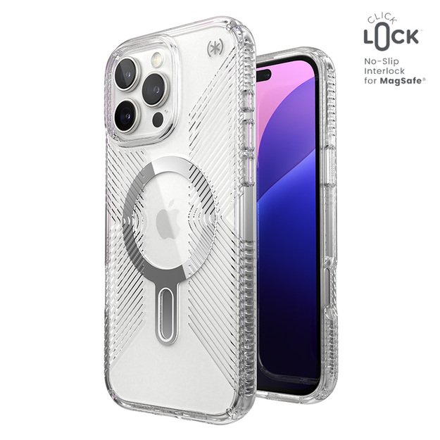 Speck Presidio Perfect-Clear Grip ClickLock & MagSafe – dėklas, skirtas iPhone 16 Pro Max (skaidrus / chromo apdaila / ramus sidabras) 15