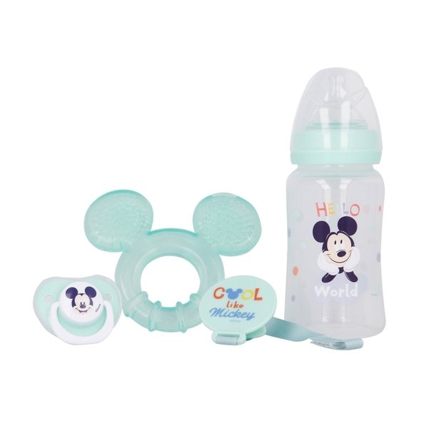 Mickey Mouse - rinkinys kūdikiui (buteliukas su speneliu 240ml, anatominis žindukas, dantukas, dantukų laikiklis) (Cool)