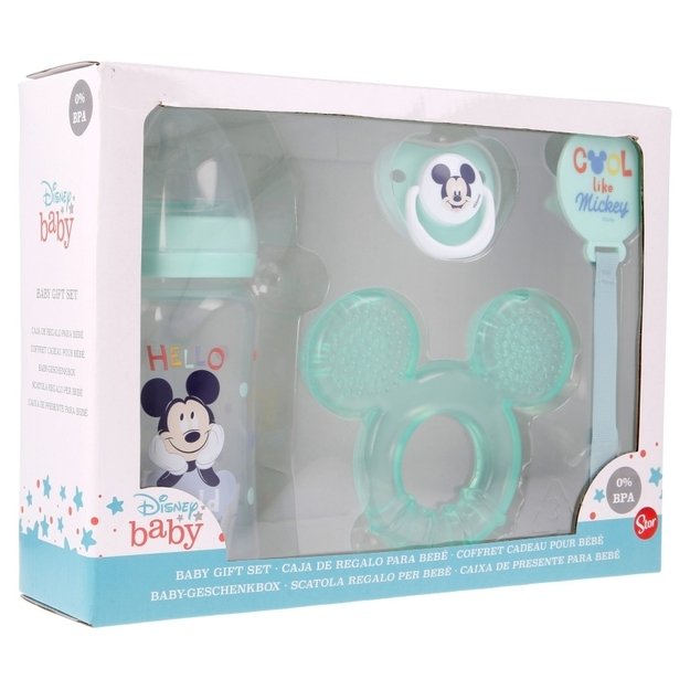 Mickey Mouse - rinkinys kūdikiui (buteliukas su speneliu 240ml, anatominis žindukas, dantukas, dantukų laikiklis) (Cool) 6