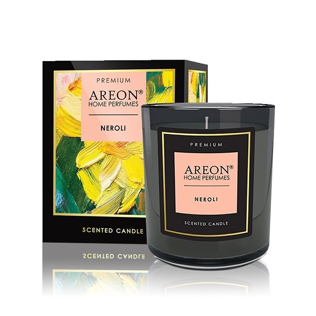 Aromatinė žvakė NEROLI su kortele palinkėjimui įra&scaron;yti ir degtukais (~40 h), 200g │ AREON  