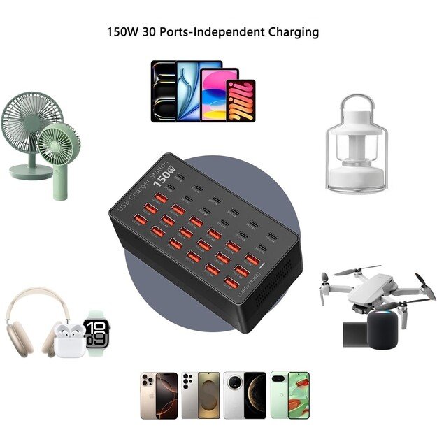 USB Charging Station 150W 30-Port USB-C and USB-A