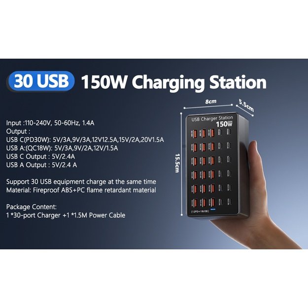 USB Charging Station 150W 30-Port USB-C and USB-A