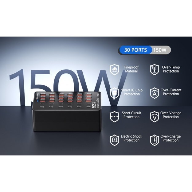USB Charging Station 150W 30-Port USB-C and USB-A
