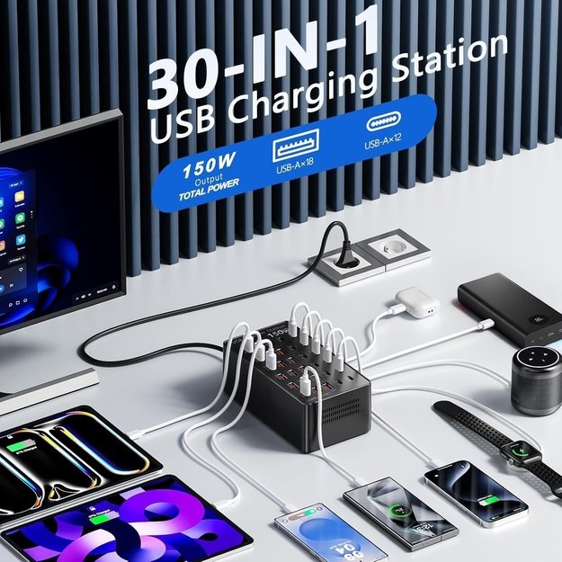 USB Charging Station 150W 30-Port USB-C and USB-A