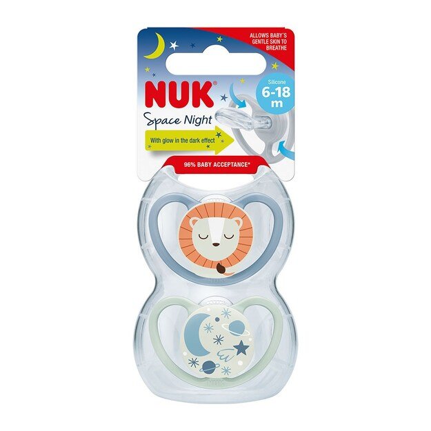 NUK Happy Nights čiulptukas 6-18m 2vnt/BOX berniukas, dydis 6-18 m, 6-18 m