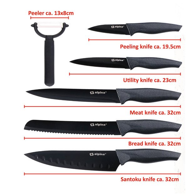 Alpina - Nerūdijančio plieno INOX peilių rinkinys 6 vnt. (juoda) 88