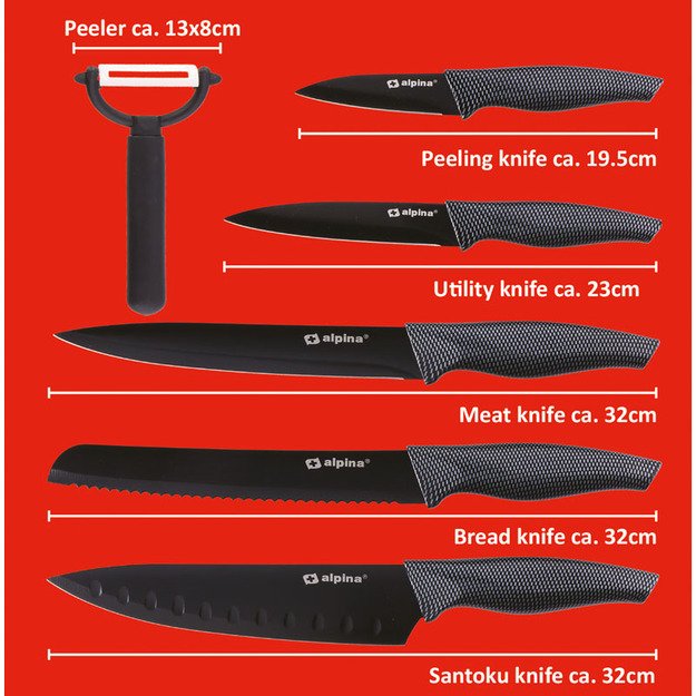 Alpina - Nerūdijančio plieno INOX peilių rinkinys 6 vnt. (juoda)