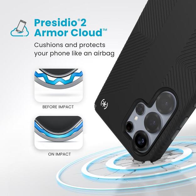 Speck Presidio2 Grip – dėklas, skirtas Samsung Galaxy S25 Ultra (juodas / šiferio pilkas / baltas)