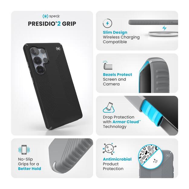 Speck Presidio2 Grip – dėklas, skirtas Samsung Galaxy S25 Ultra (juodas / šiferio pilkas / baltas)