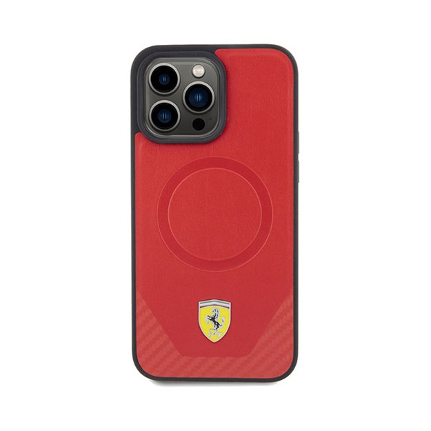 Ferrari Carbon Metal Logo MagSafe – dėklas, skirtas iPhone 15 Pro (raudonas)