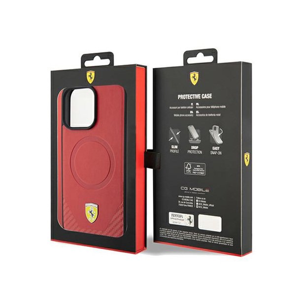 Ferrari Carbon Metal Logo MagSafe – dėklas, skirtas iPhone 15 Pro (raudonas)