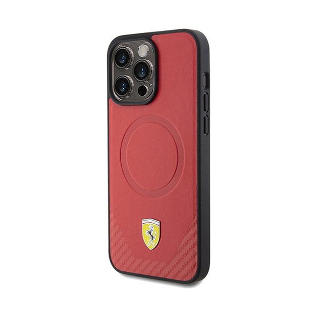 Ferrari Carbon Metal Logo MagSafe – dėklas, skirtas iPhone 15 Pro (raudonas)