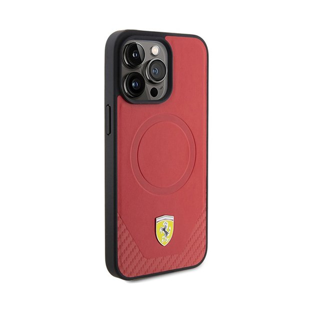 Ferrari Carbon Metal Logo MagSafe – dėklas, skirtas iPhone 15 Pro (raudonas)