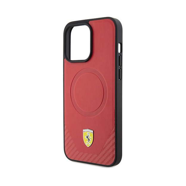 Ferrari Carbon Metal Logo MagSafe – dėklas, skirtas iPhone 15 Pro (raudonas)