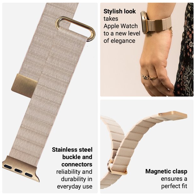 Crong Eclipse – odinis magnetinis dirželis, skirtas Apple Watch 38/40/41/42 mm (smėlio spalvos) 13