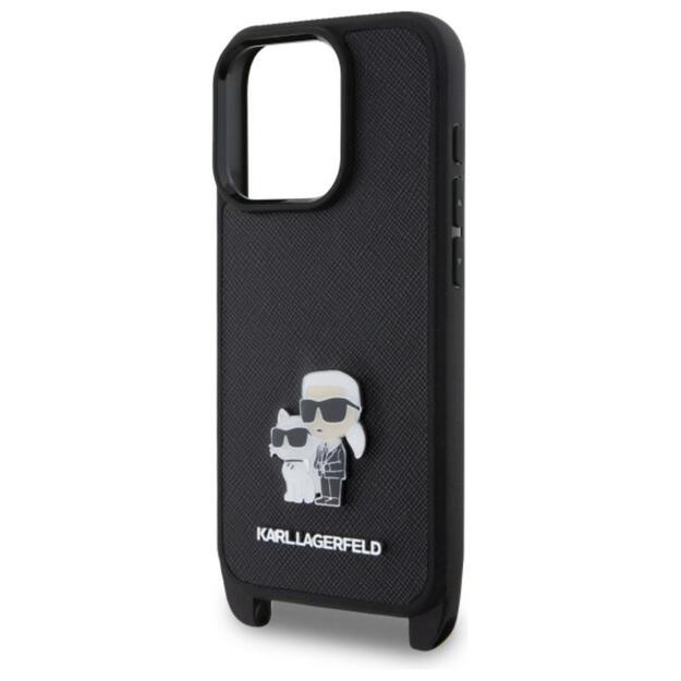 Karl Lagerfeld Saffiano Karl & Choupette Metal Pin CBDY dirželis – dėklas, skirtas iPhone 16 Pro Max (juodas)