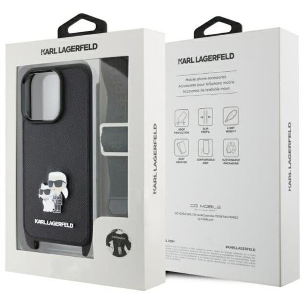 Karl Lagerfeld Saffiano Karl & Choupette Metal Pin CBDY dirželis – dėklas, skirtas iPhone 16 Pro Max (juodas)