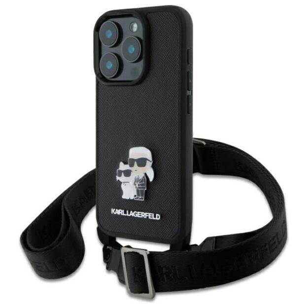Karl Lagerfeld Saffiano Karl & Choupette Metal Pin CBDY dirželis – dėklas, skirtas iPhone 16 Pro Max (juodas)