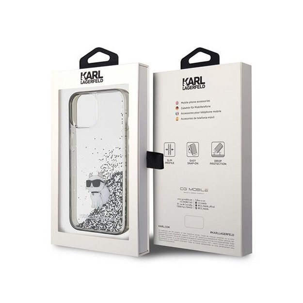 Karl Lagerfeld skystų blizgučių „Choupette“ dėklas – iPhone 15 dėklas (skaidrus)