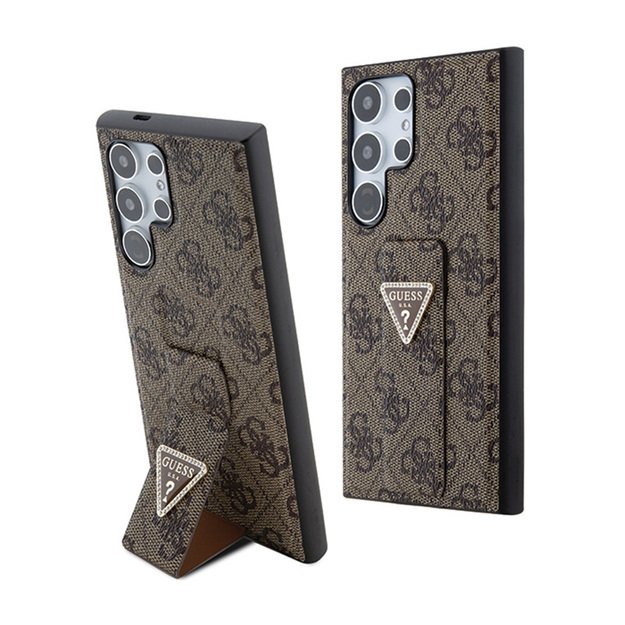 „Guess Grip Stand 4G“ trikampio formos Strass logotipo dėklas – Samsung Galaxy S24 Ultra (rudas)