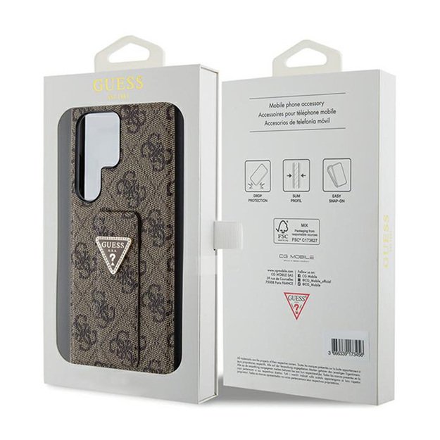 „Guess Grip Stand 4G“ trikampio formos Strass logotipo dėklas – Samsung Galaxy S24 Ultra (rudas)