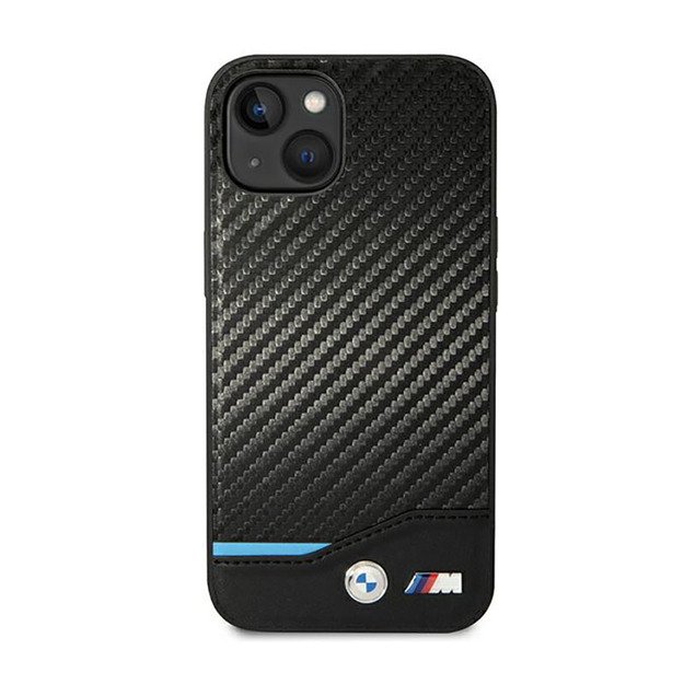 BMW odinis anglies pluošto mėlynos linijos dėklas, skirtas iPhone 14 (juodas)