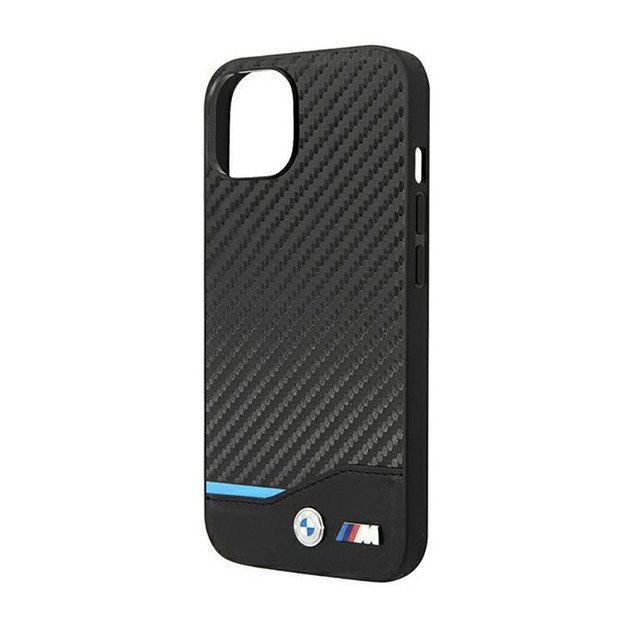 BMW odinis anglies pluošto mėlynos linijos dėklas, skirtas iPhone 14 (juodas)