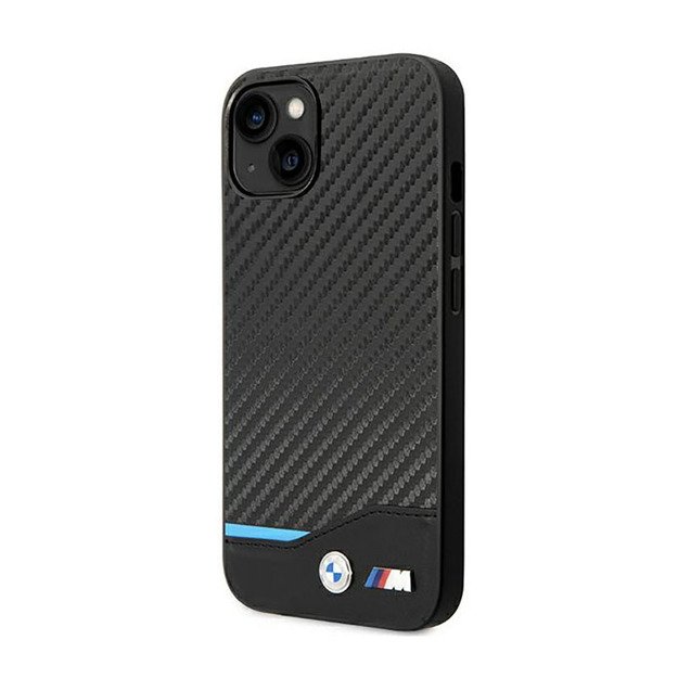 BMW odinis anglies pluošto mėlynos linijos dėklas, skirtas iPhone 14 (juodas)